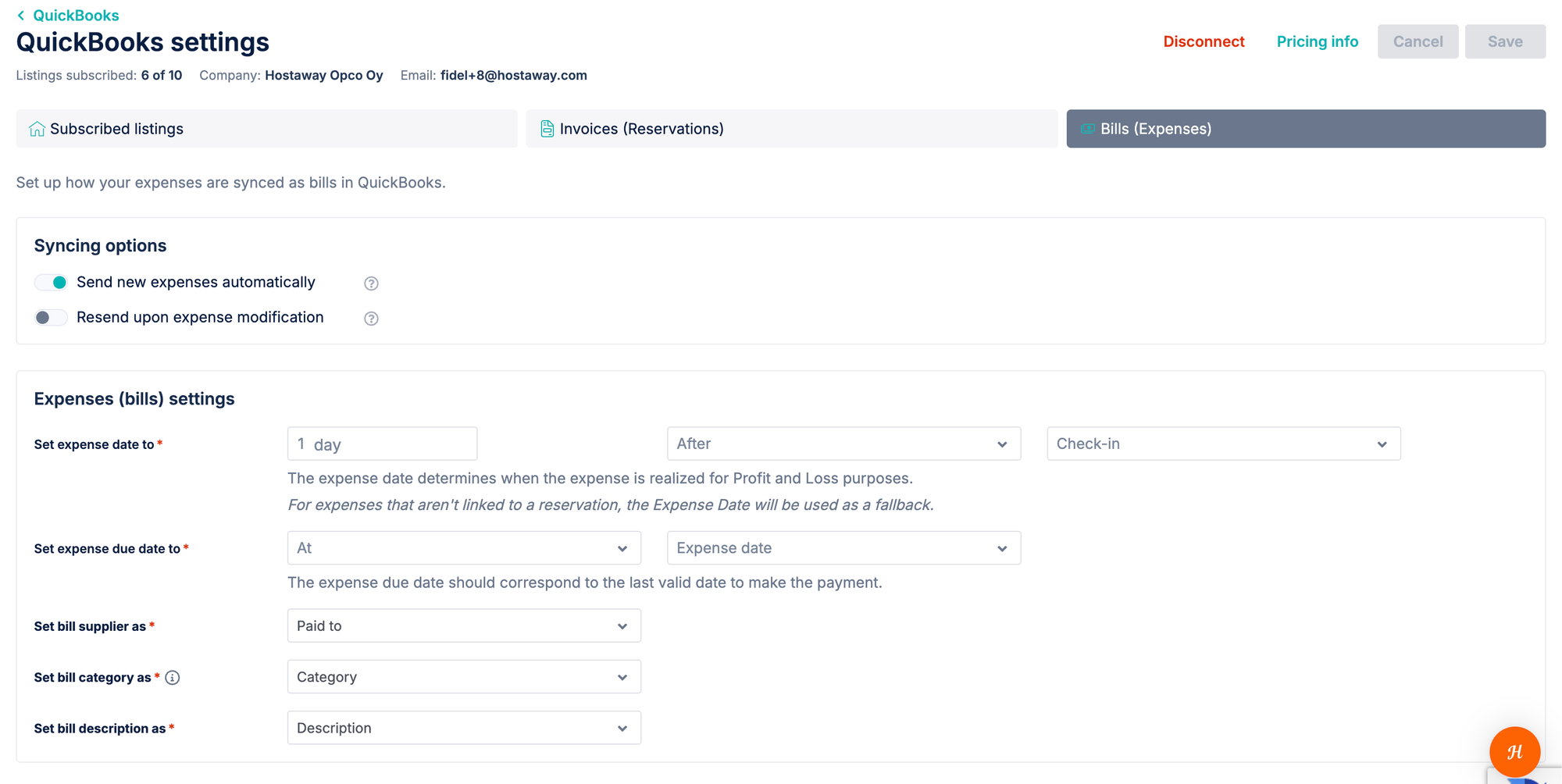 Bills (Expenses) tab